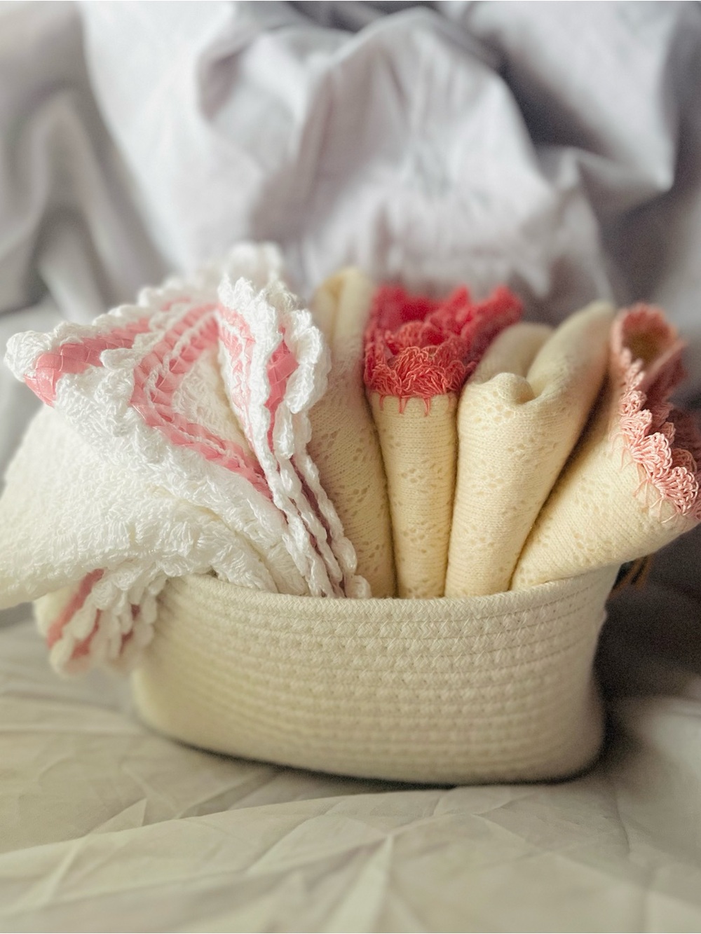 Handmade Crochet & Knit Baby Blanket Set - Pink and White